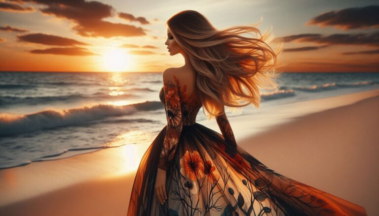 Sunset Beach Woman with Flowing Hair