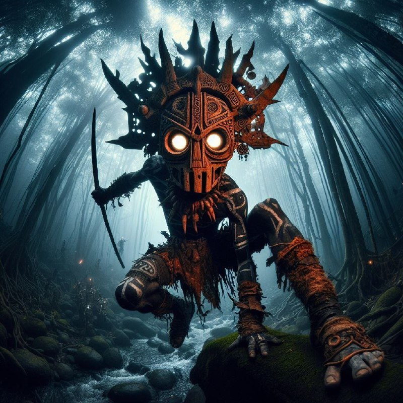 Terrifying Masked Cannibal Tribe Figure Close-Up