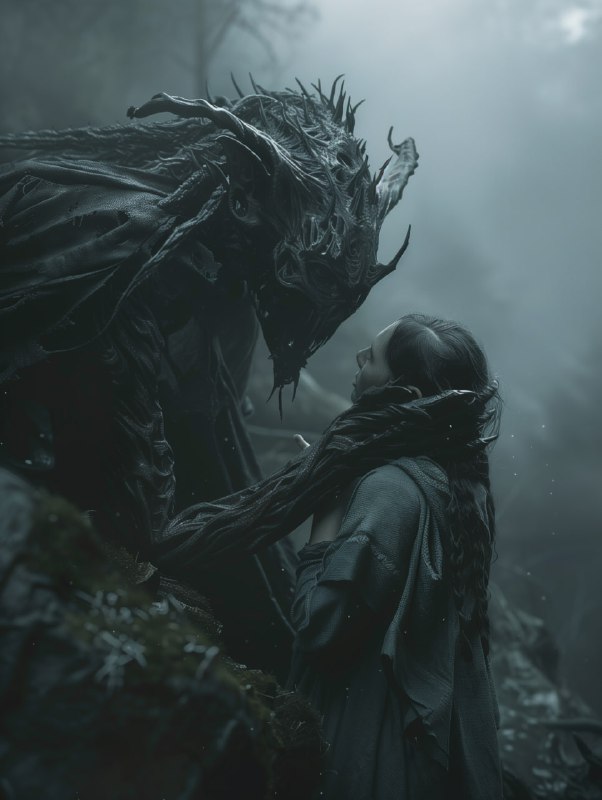 Nazgul Confronting She Elf in Dark Cinematic Scene