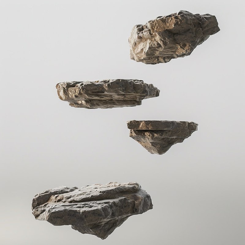 Floating Rock Platform Pieces on White Background