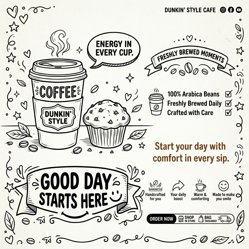 Hand-Drawn Coffee Shop Line Art Ad