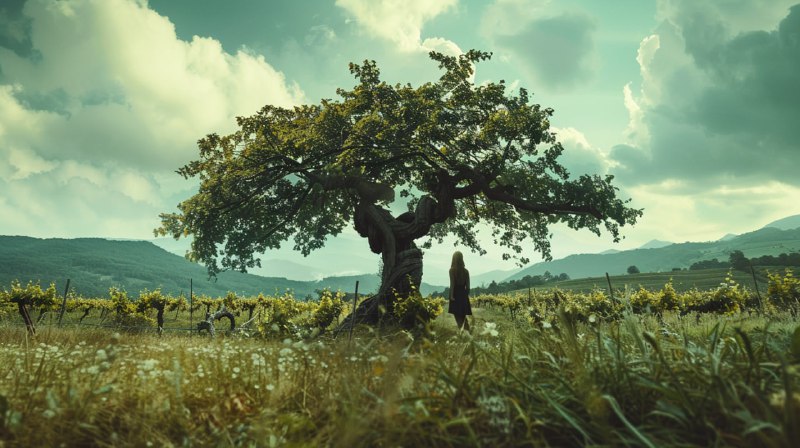 Woman Under Giant Twisted Grapevine in Wild Grass