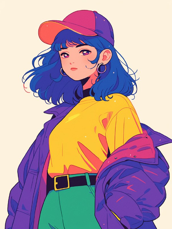 90s Retro Anime Girl With Blue Hair Flat Illustration