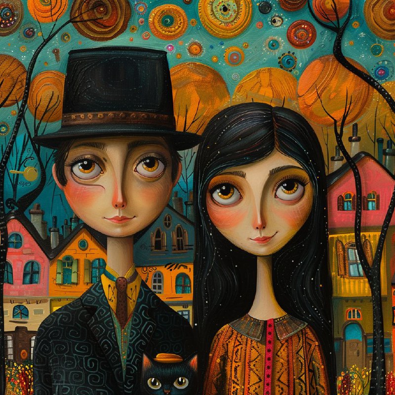 Pop Surrealist Couple With Black Cat in Woods