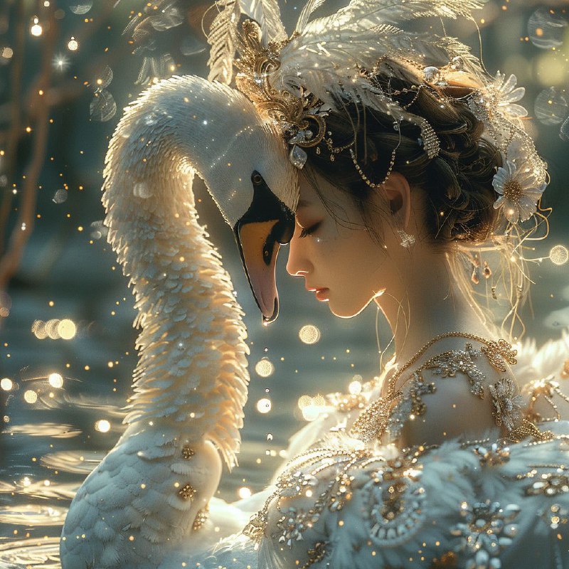 Elegant Dancer and Swan Sketched in Starlight Fantasy