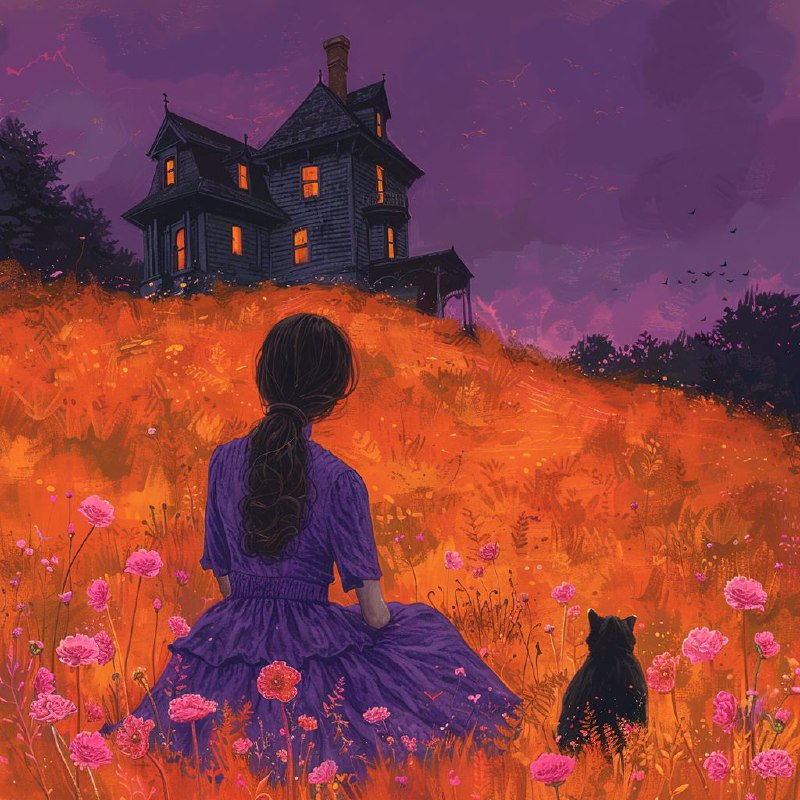 Girl in Purple Dress With Black Cat at Victorian House
