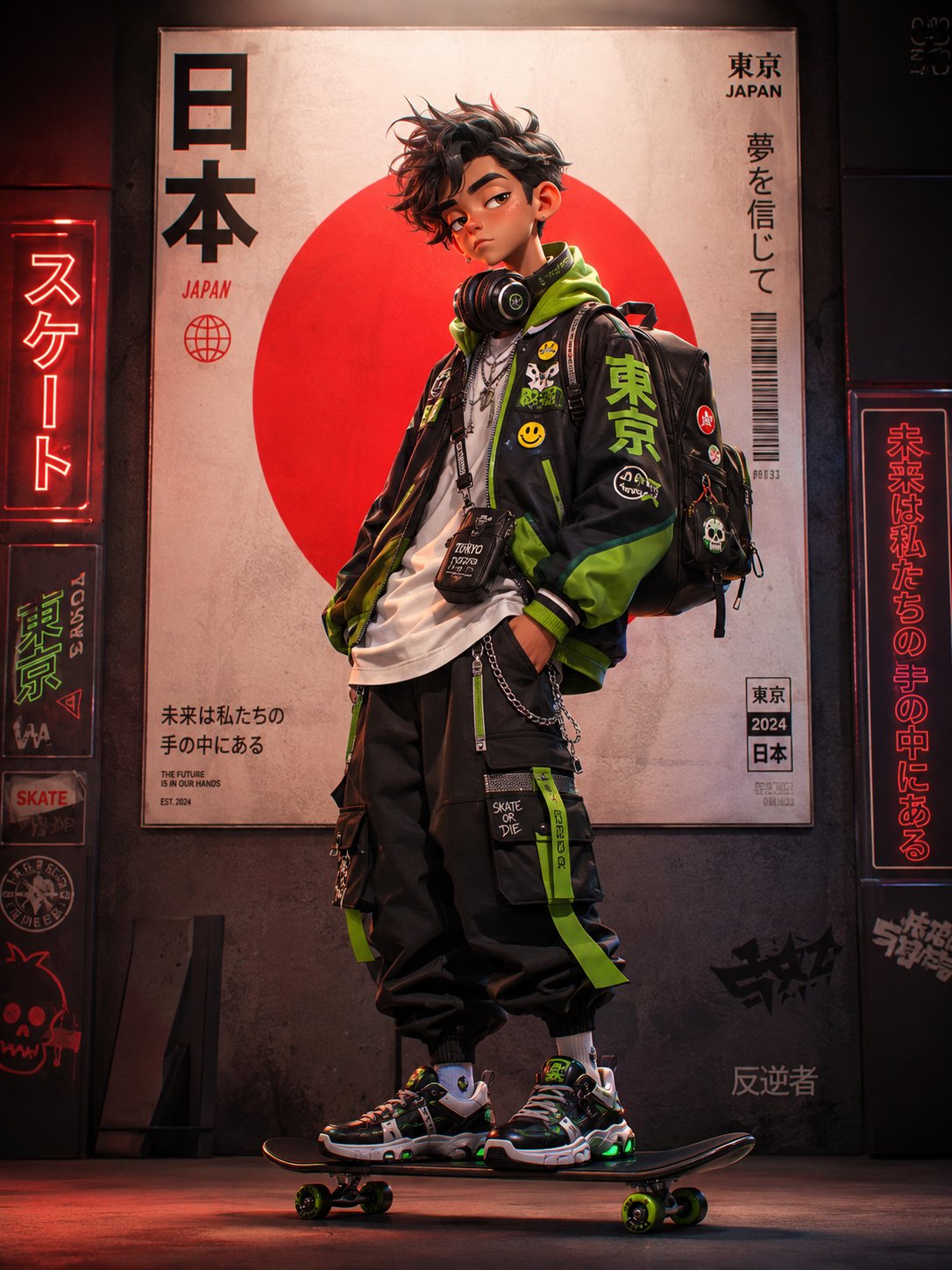Cyberpunk Anime Skate Girl Tokyo