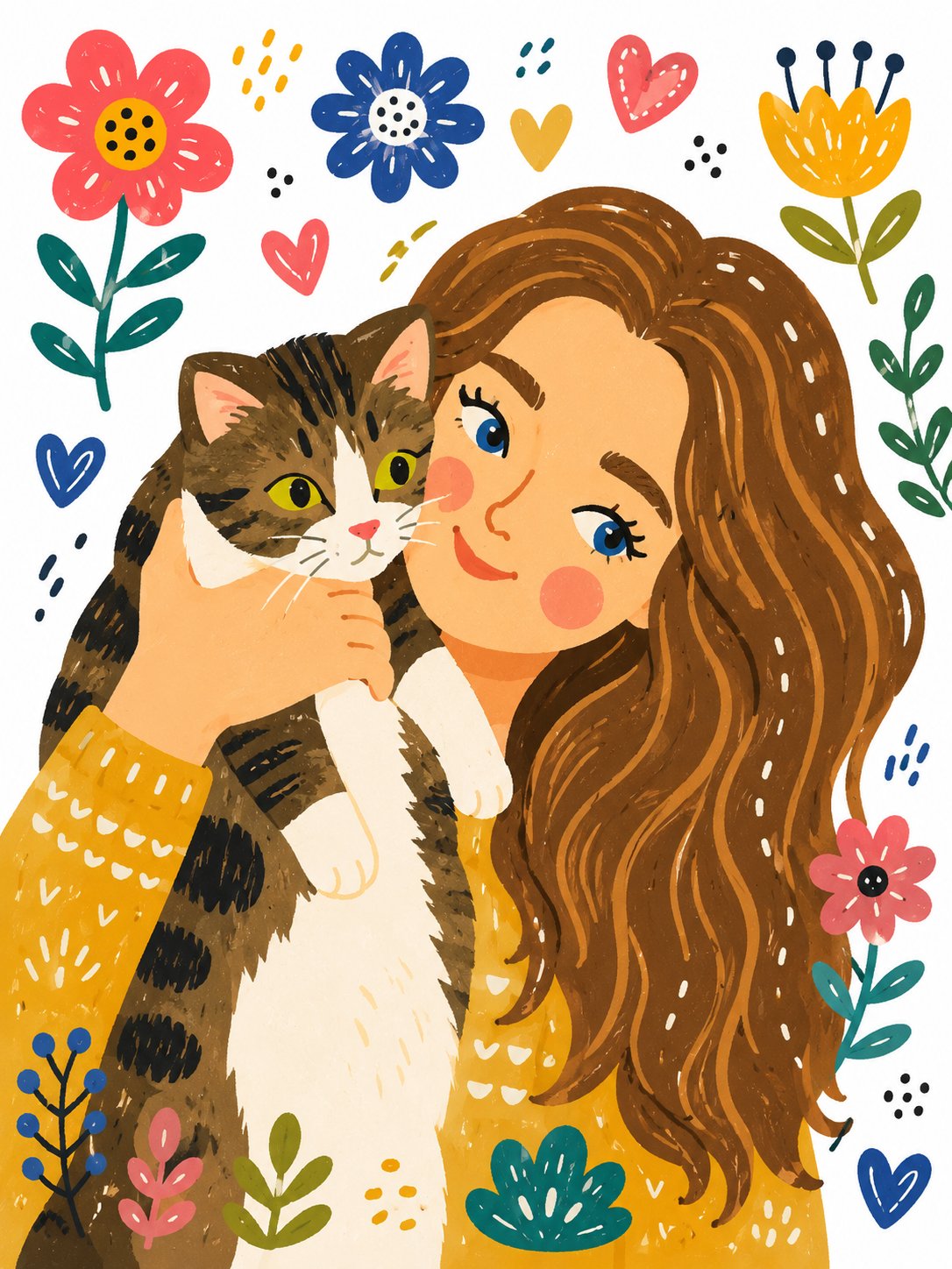 Folk Art Girl with Cat