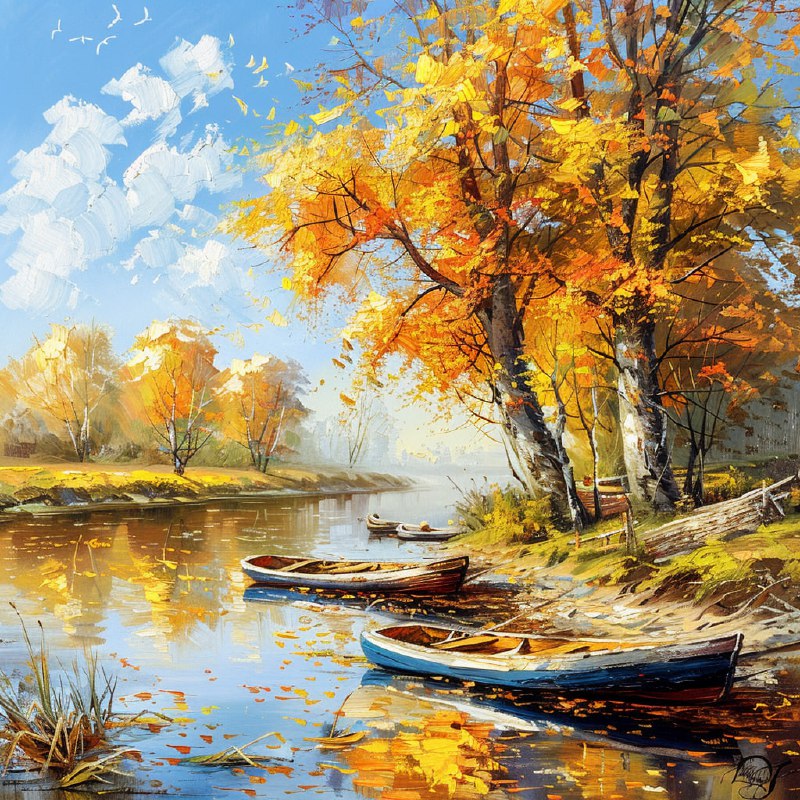Autumn Trees and River Boats Optical Illusion Painting