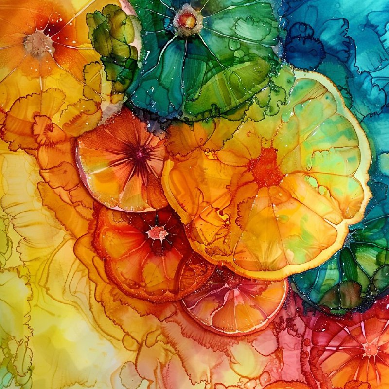 Bright Citrus Fruit in Vivid Alcohol Ink Style