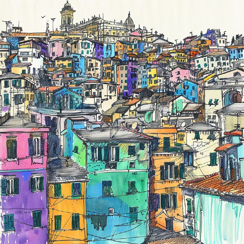 Genova Cityscape Ballpoint Pen Drawing in Picasso Style