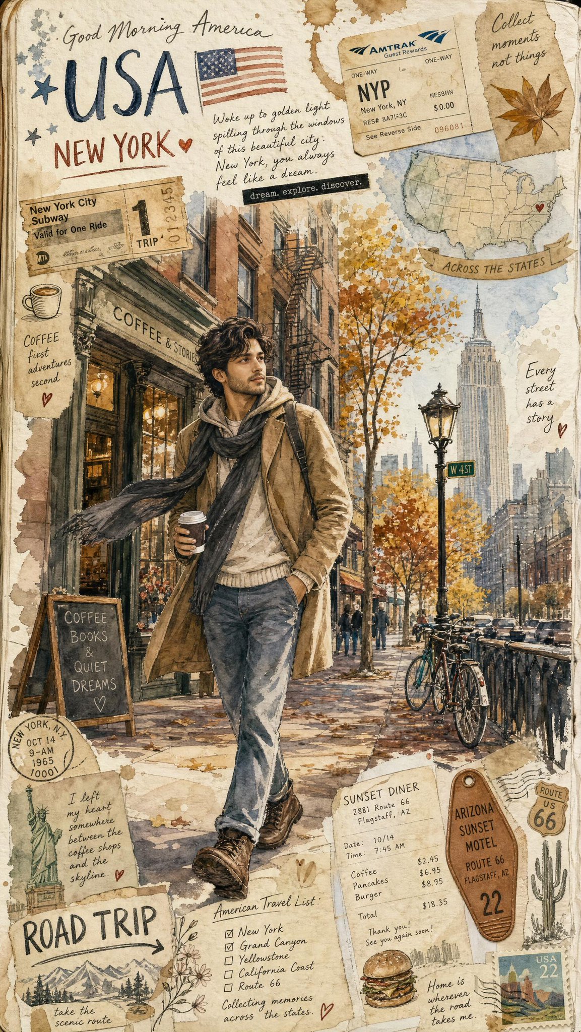 Dreamy American Travel Diary Illustration
