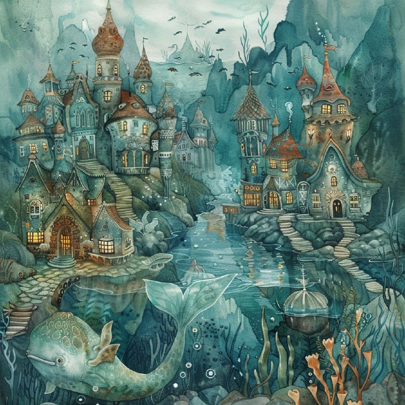 Arctic Mermaid Village Pop Surrealism Watercolor Scene