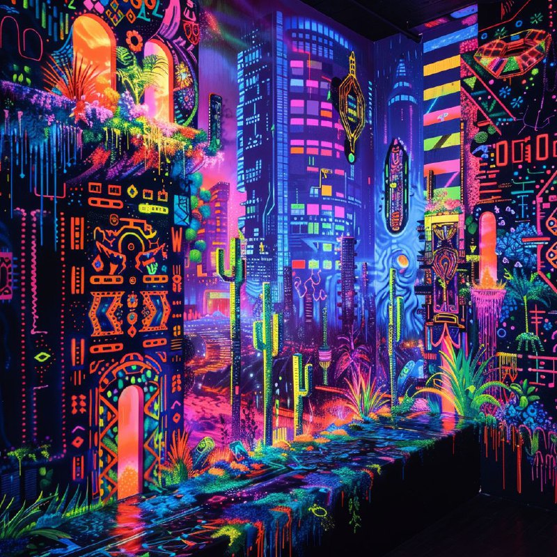 Neon Urban Tribal Digitalism City Mural With Digital Motifs
