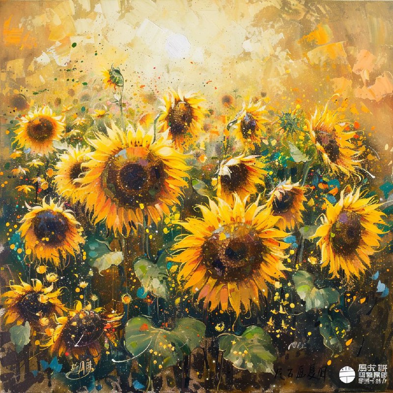 Multicolor Sunflowers Oil Painting in Chinese Art Style
