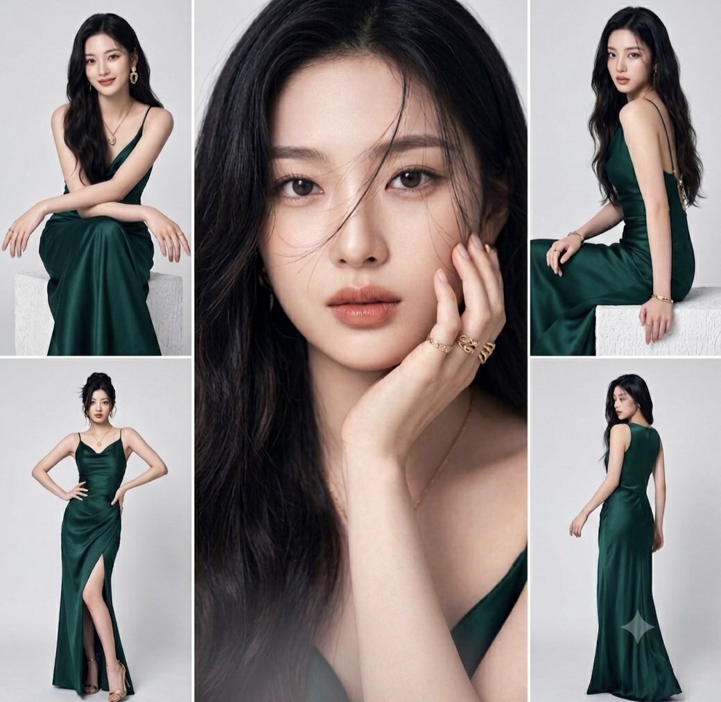 Emerald Satin Gown Editorial