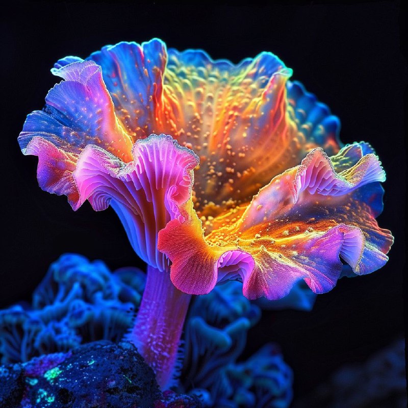 Neon Avatar-Inspired Tropical Mushroom on Black Background