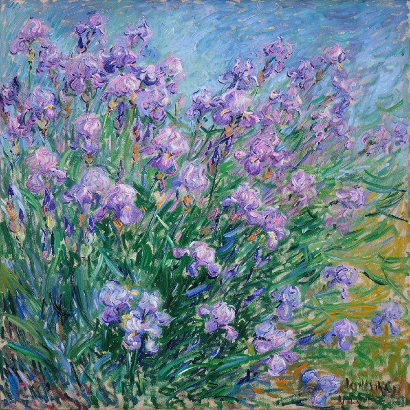 Lilac Irises Impressionist Painting in Monet Style