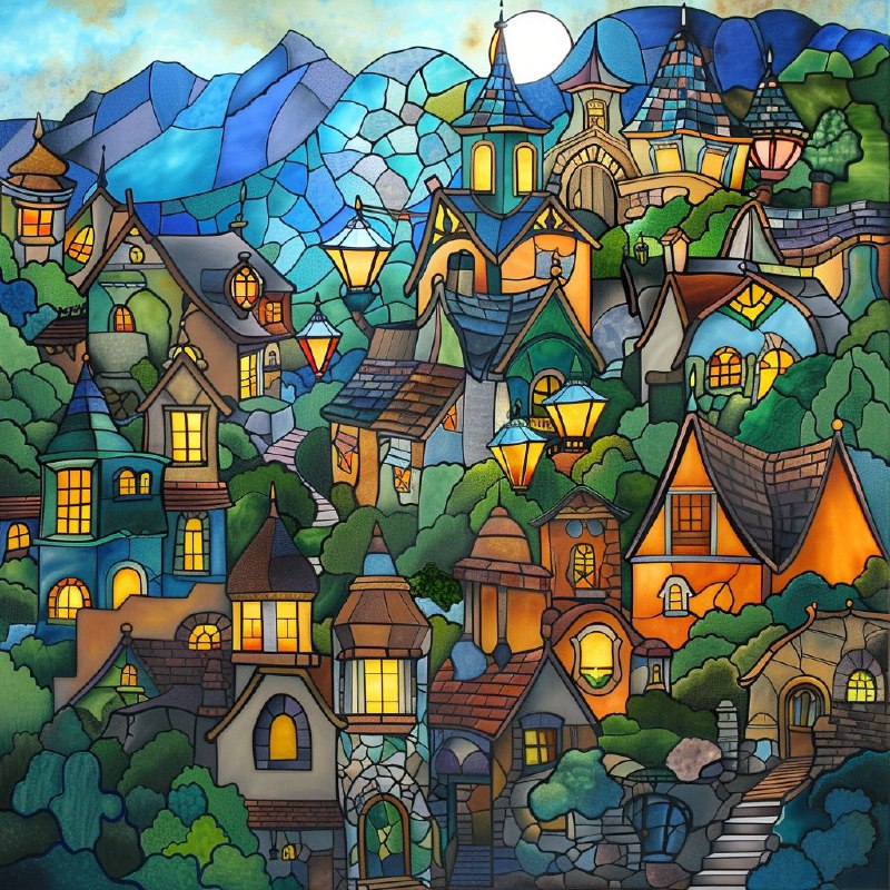 Glass City With Stained Glass Houses Among Mountains