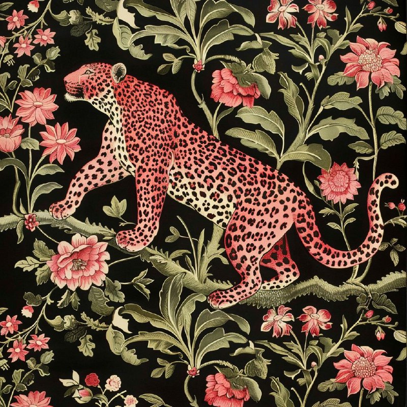 Pink Leopards and Flowers William Morris Style on Black