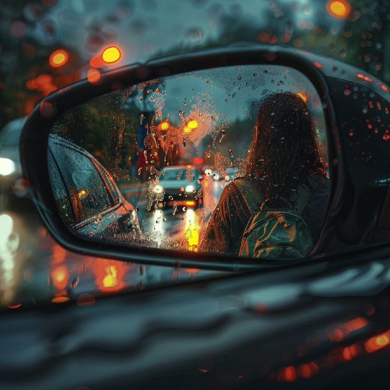 Hitchhiking Girl in Rearview Mirror on Rainy Evening
