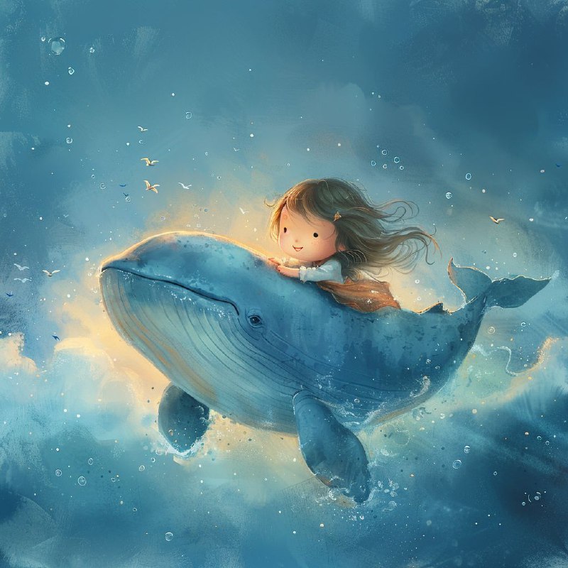 Little Girl Flying on Blue Whale Pastel Vector Cartoon