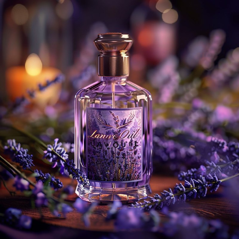 Hyperrealistic Lavender Oil Perfume Bottle With Flowers