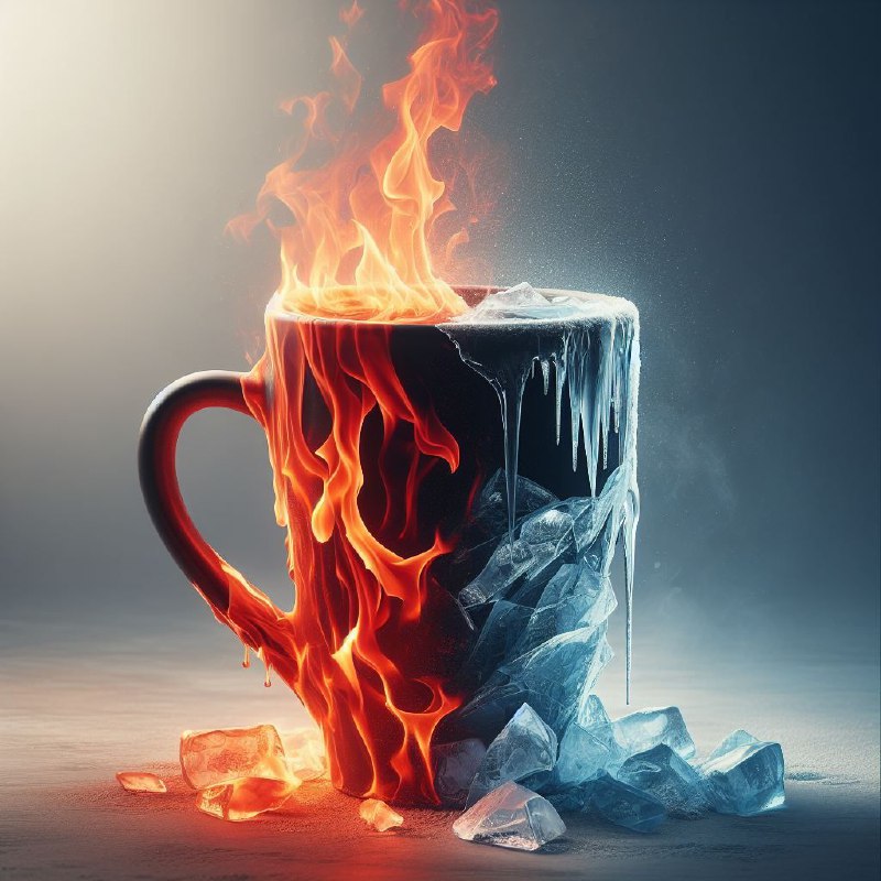 Coffee Mug Half Ablaze and Half Frozen in Ice
