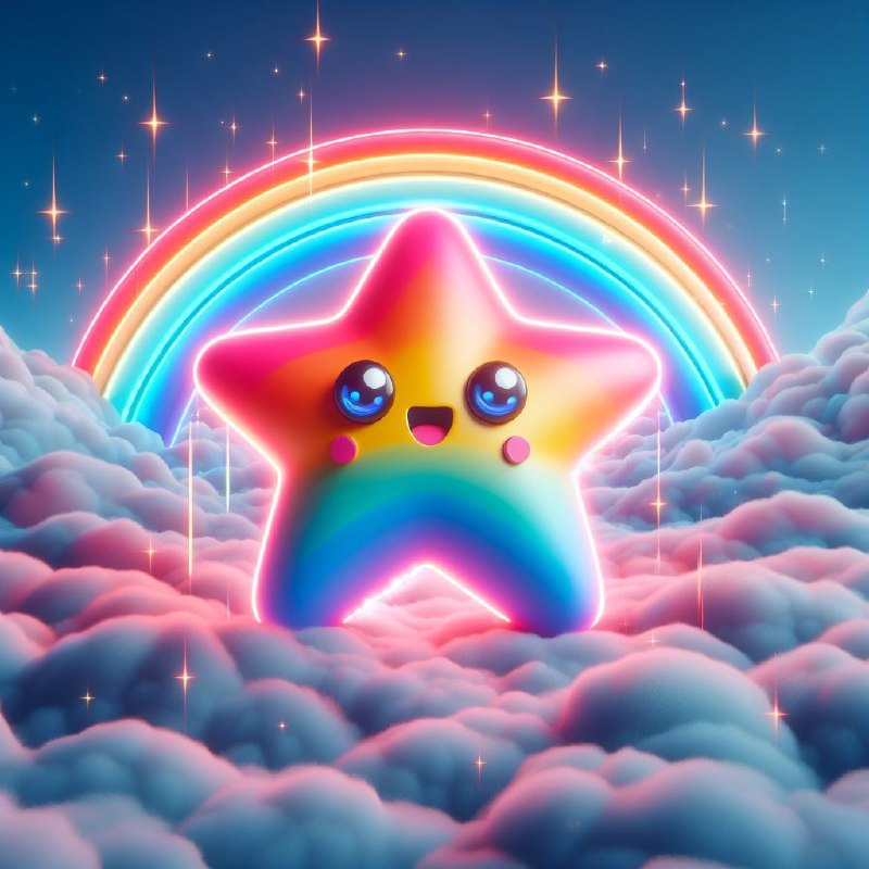 Glowing Kawaii Rainbow Star Character Above Clouds