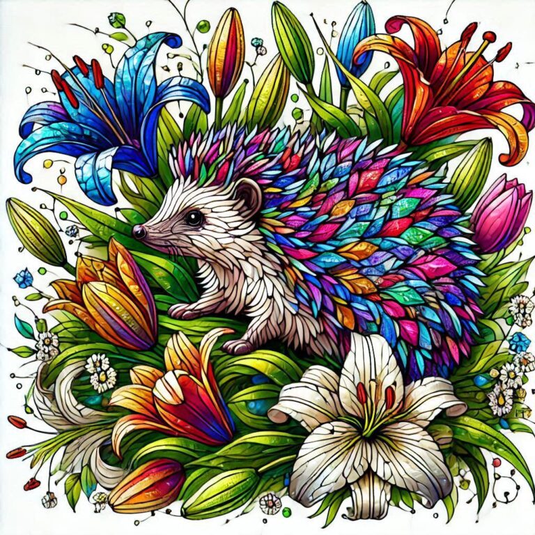 Stained Glass Hedgehog with Lilies and Tulips