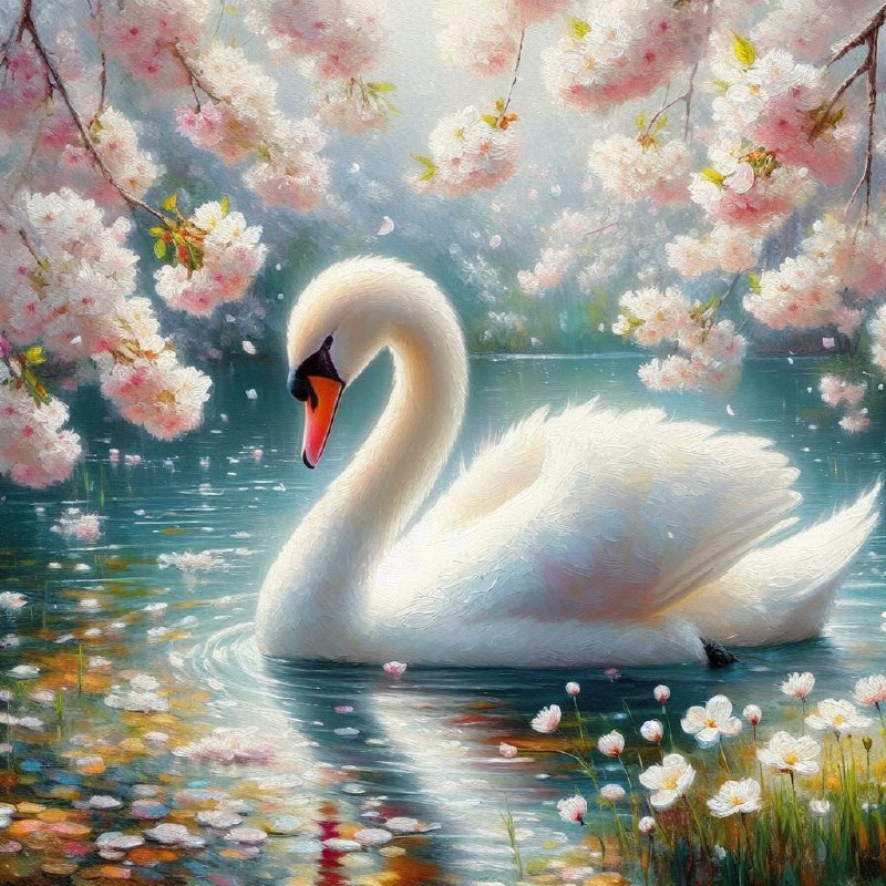 White Swan Among Cherry Blossoms Dreamy Oil Painting