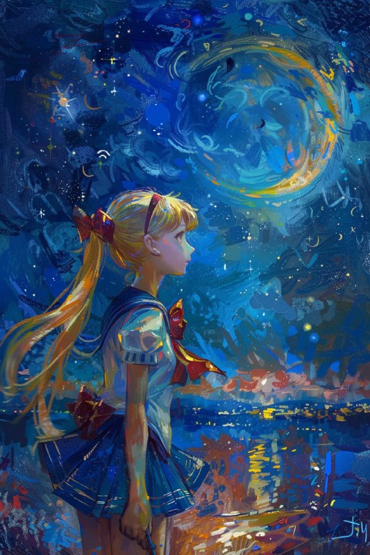 Sailor Moon Starry Sky Oil Painting in Van Gogh Style