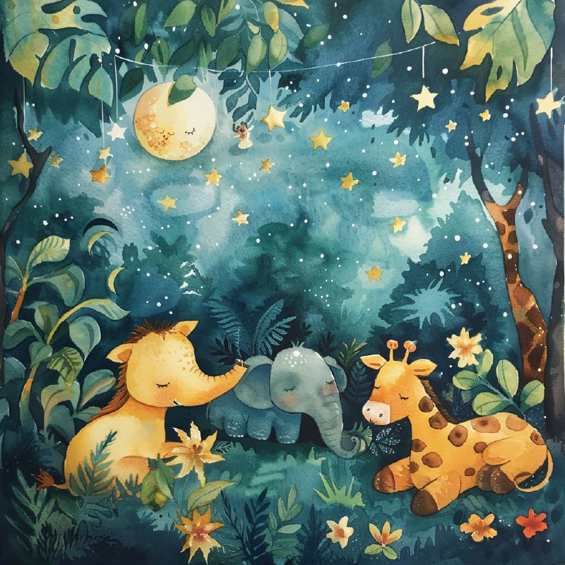 Sleeping Jungle Animals Under Starry Sky Watercolor