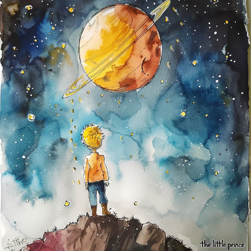 Little Prince Gazing at Distant Planet Watercolor