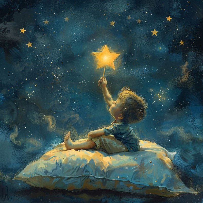 Baby Boy Holding Star on Sky Pillow Storybook Space Art
