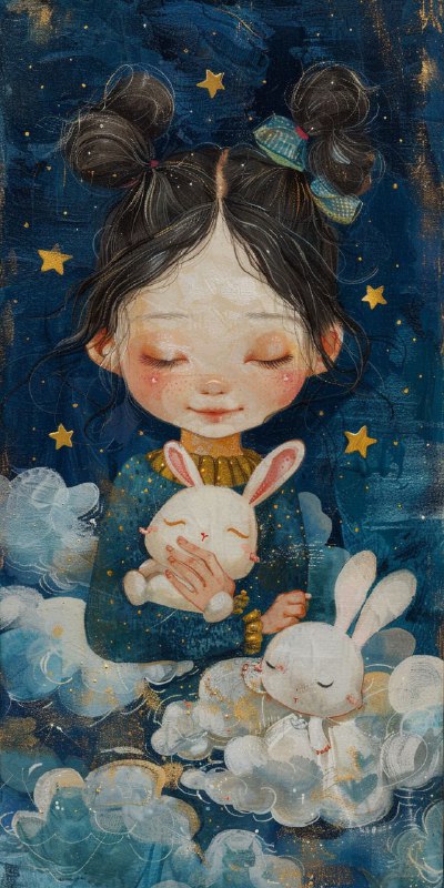 Hand-Drawn Girl With Rabbit on Cloud Sea Under Stars