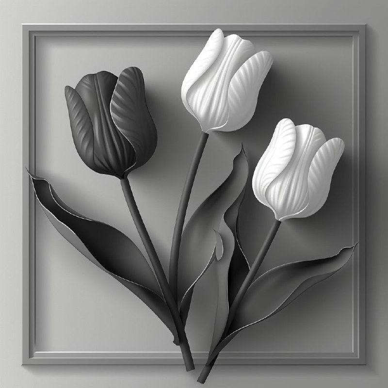 Black and White 3D Tulips Minimalist Vector Wall Art