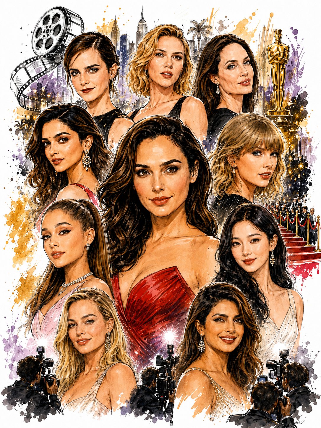 Hollywood Celebrities Watercolor Red Carpet
