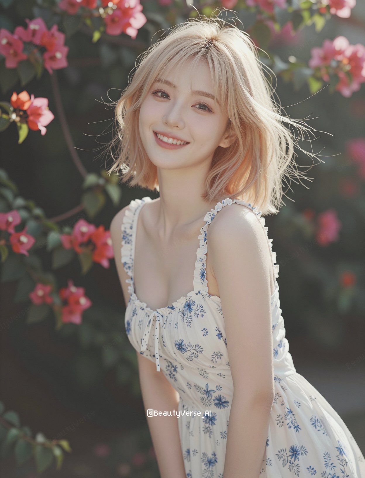 Blonde Beauty in Blooming Garden