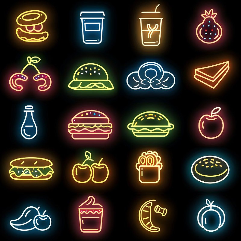 Frosted Glass Food Icon Set With Neon on Dark Background