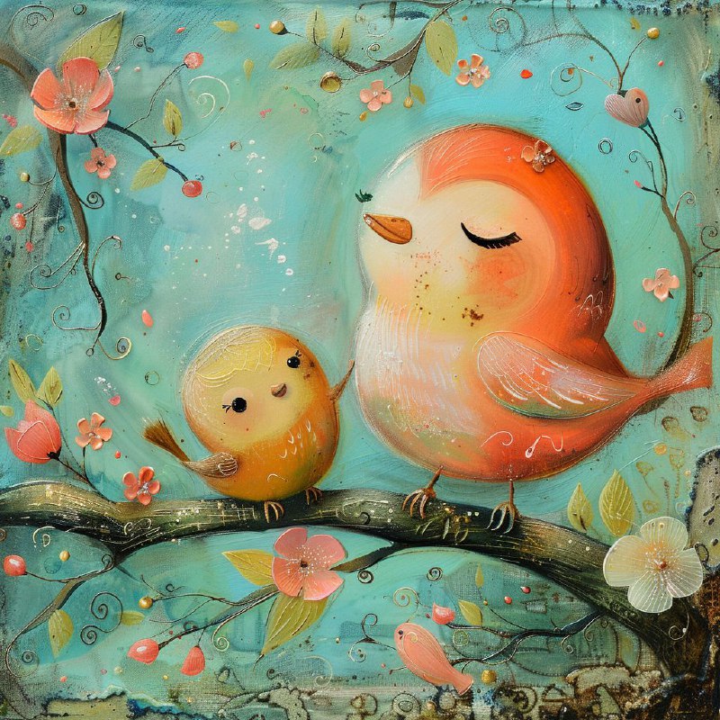 Mother and Baby Bird Whimsical Naive Style Painting