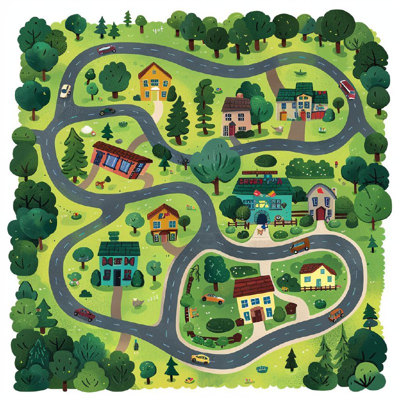 Flat 2D Board Game of Family With Dog Moving to Town