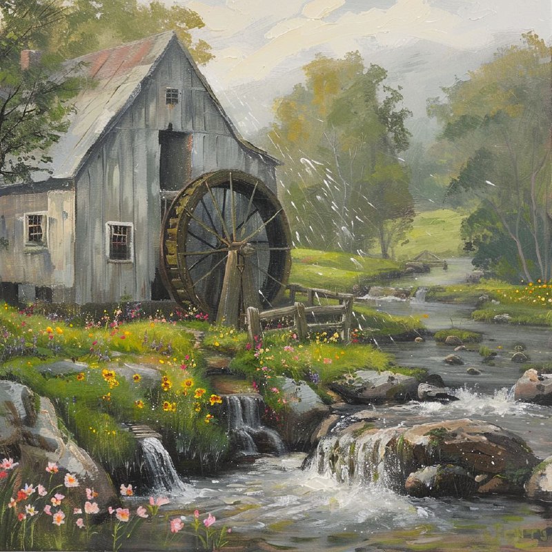 Old Farmhouse With Water Wheel and Wildflowers Oil Art