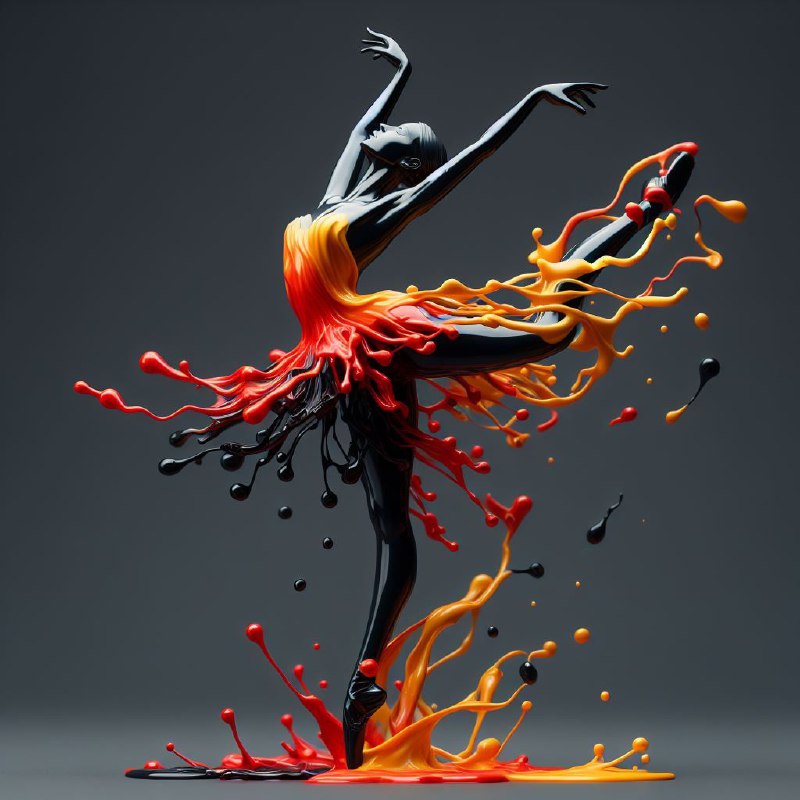 Liquid Paint Ballerina Dancing in Black Red and Orange