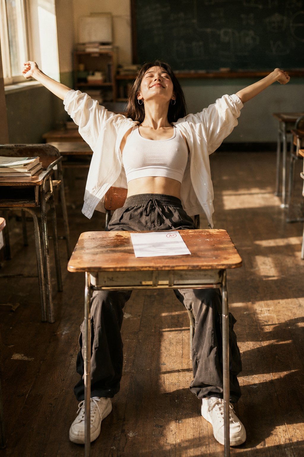 Korean Woman Stretching in Golden Classroom