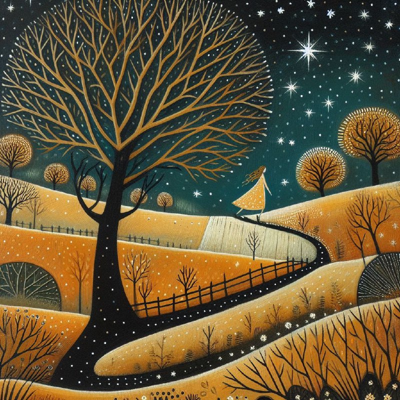 Woman on Starlit Countryside Path Whimsical Folk Art
