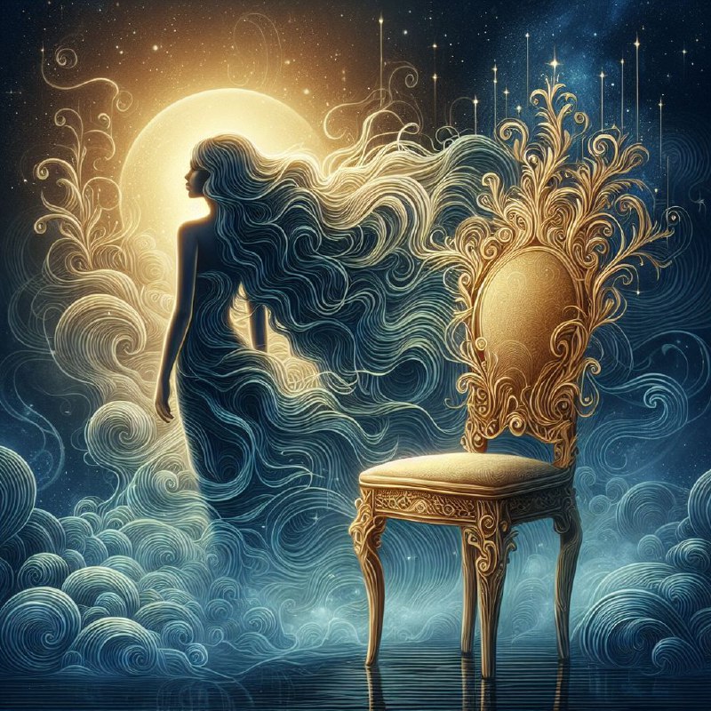 Golden Woman and Chair Under Starry Sky With Mist