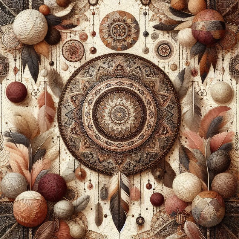 Boho Yarn Print With Mandalas Feathers and Dreamcatchers