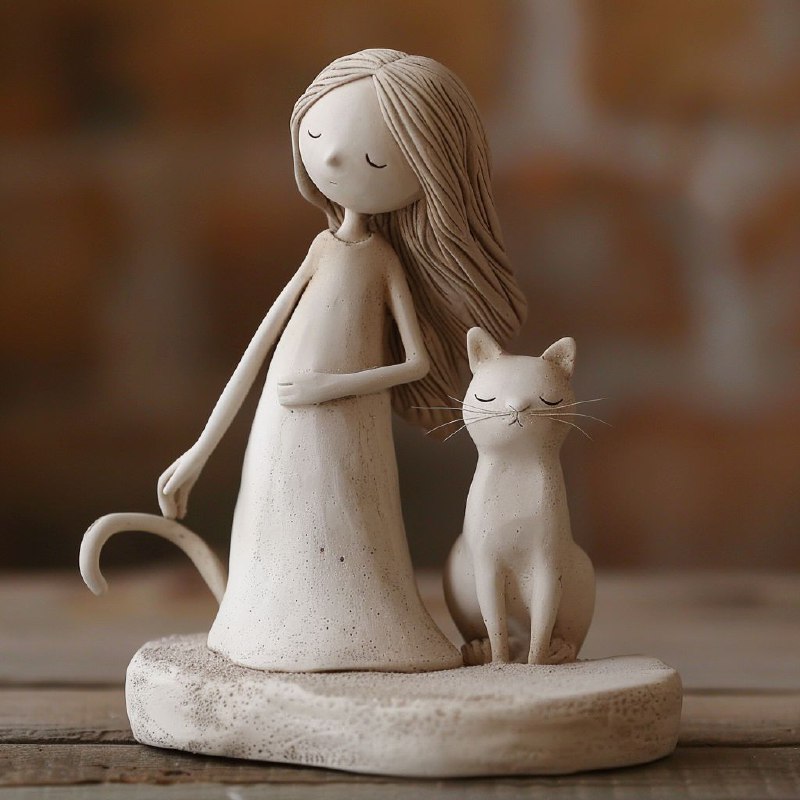 Cozy Victorian Sculpture of Girl and Cat Minimal Design