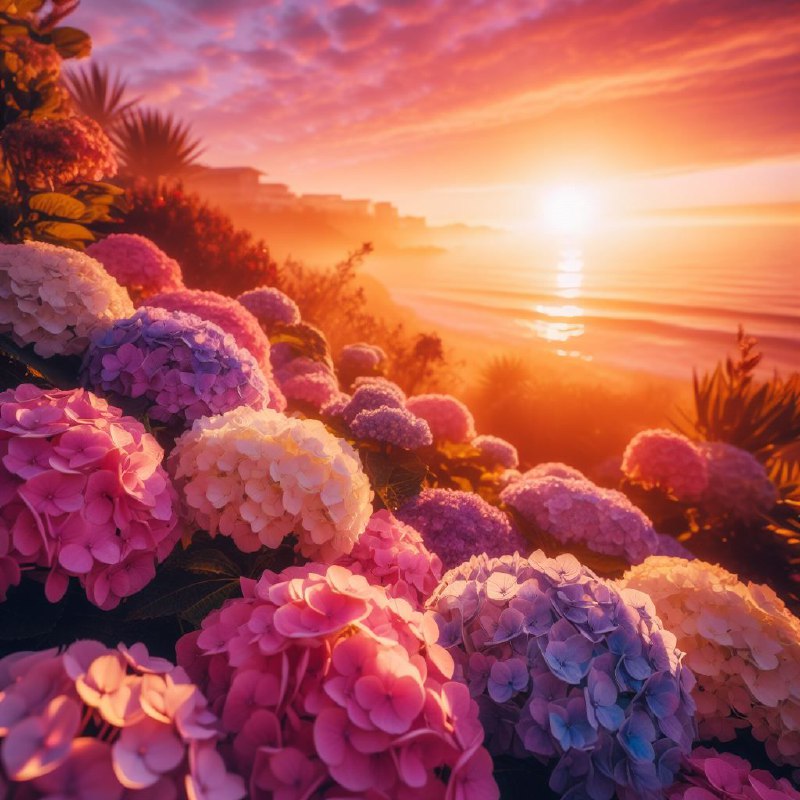 Pink and Lavender Hydrangeas at Golden Ocean Sunset